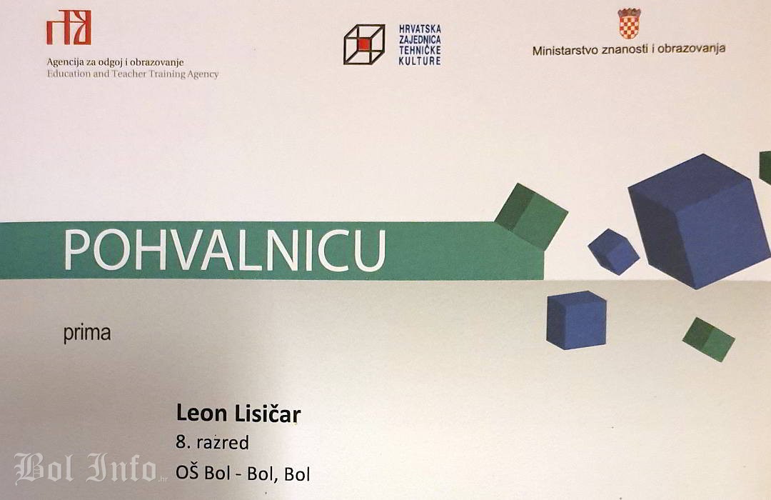 Leon Lisičar iz OŠ Bol osvojio 6.mjesto na državnom natjecanju mladih tehničara