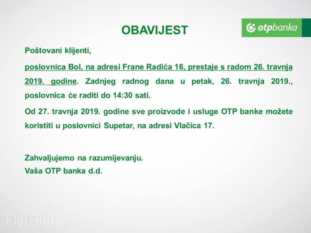 Službena obavijest o zatvaranju poslovnice OTP banke